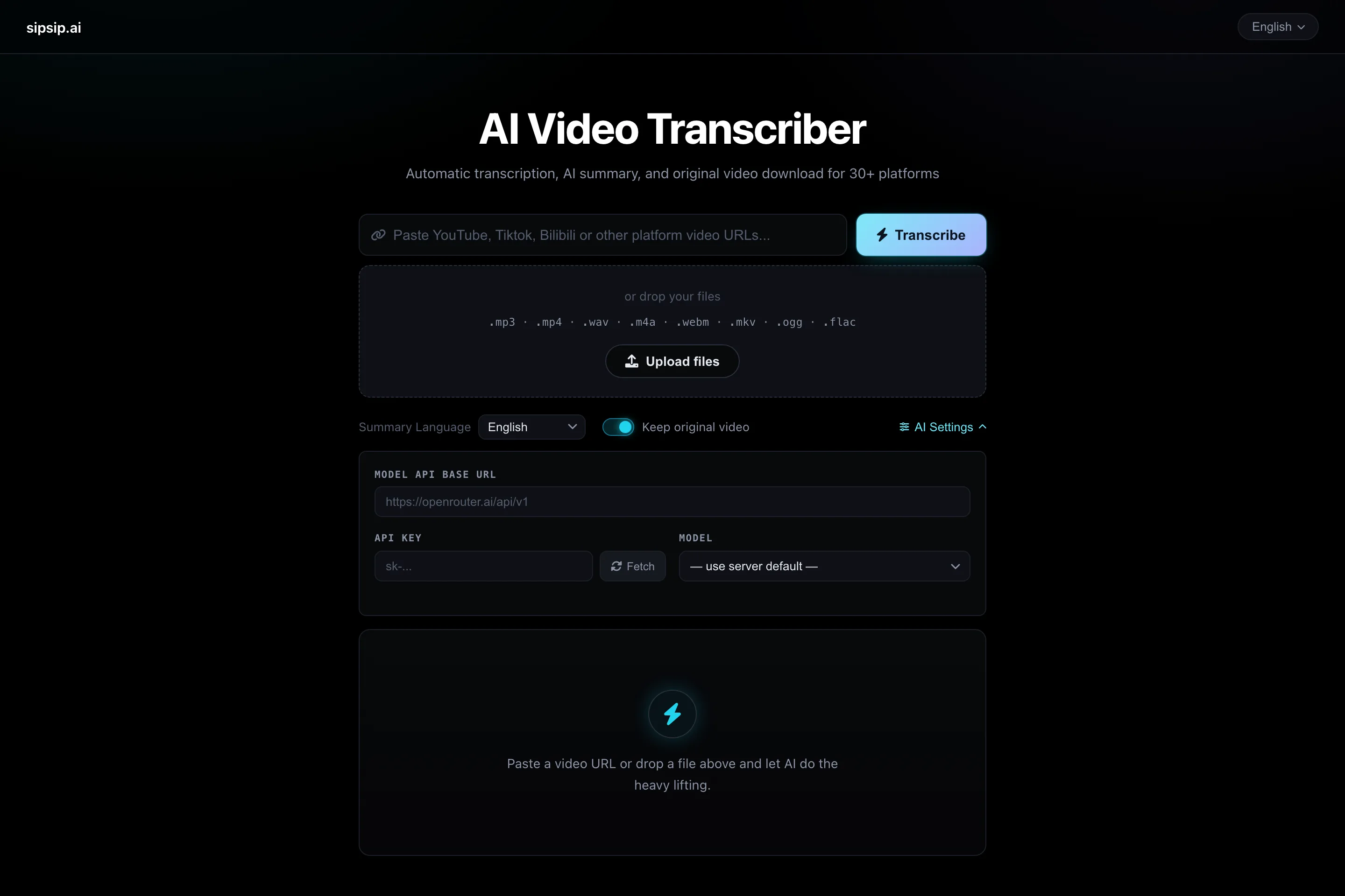 AI Video Transcriber 的 AI 設定面板，可填入 OpenAI 相容服務的 API 位址金鑰並抓取模型清單