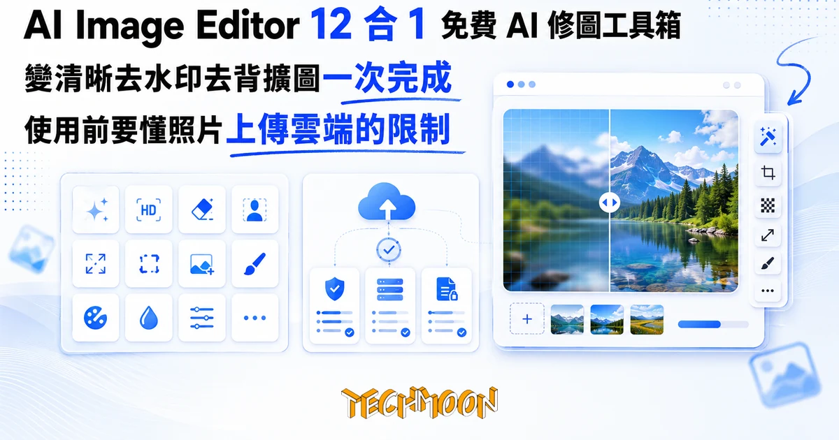 TechMoon 精選圖｜AI Image Editor 免費 AI 修圖工具箱，12 合 1 功能，照片上傳雲端處理的提醒