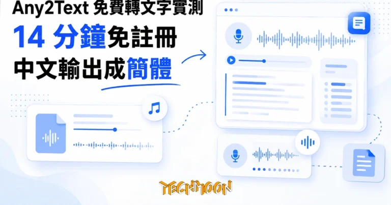 Any2Text 免費轉文字實測:14 分鐘免註冊,中文輸出成簡體 1 TechMoon 精選圖|AI 語音轉文字線上工具,音檔與麥克風聲波轉成整齊文字稿