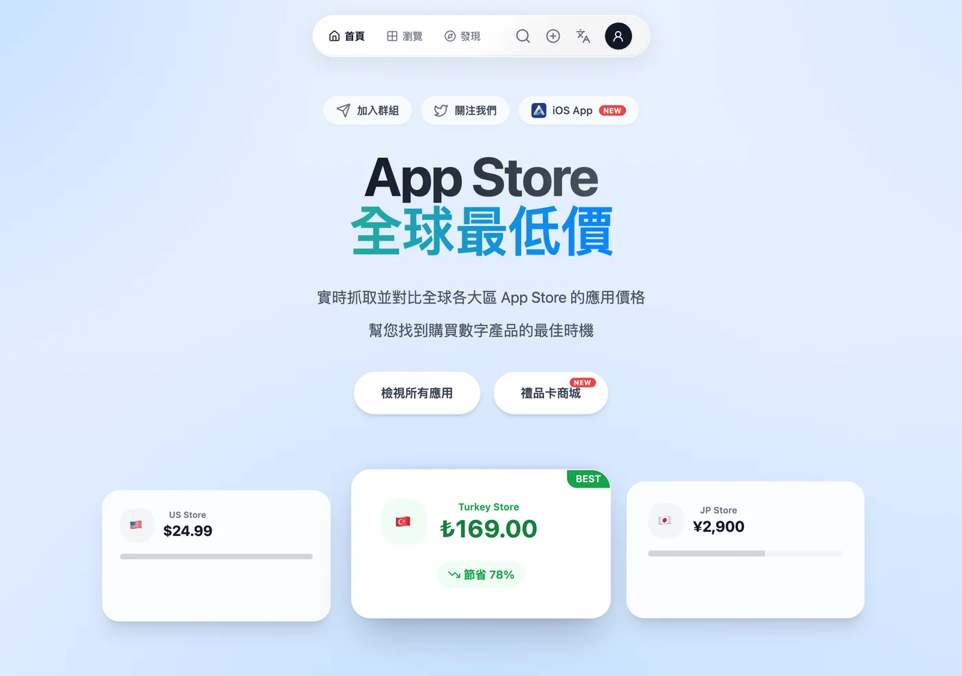 想知道一支 App 各國訂閱價差有多大?App Store Price 幫你一次攤開 2 App Store Price 官方首頁的跨區訂閱比價卡,同時顯示美國、土耳其、日本三區的價格與節省比例