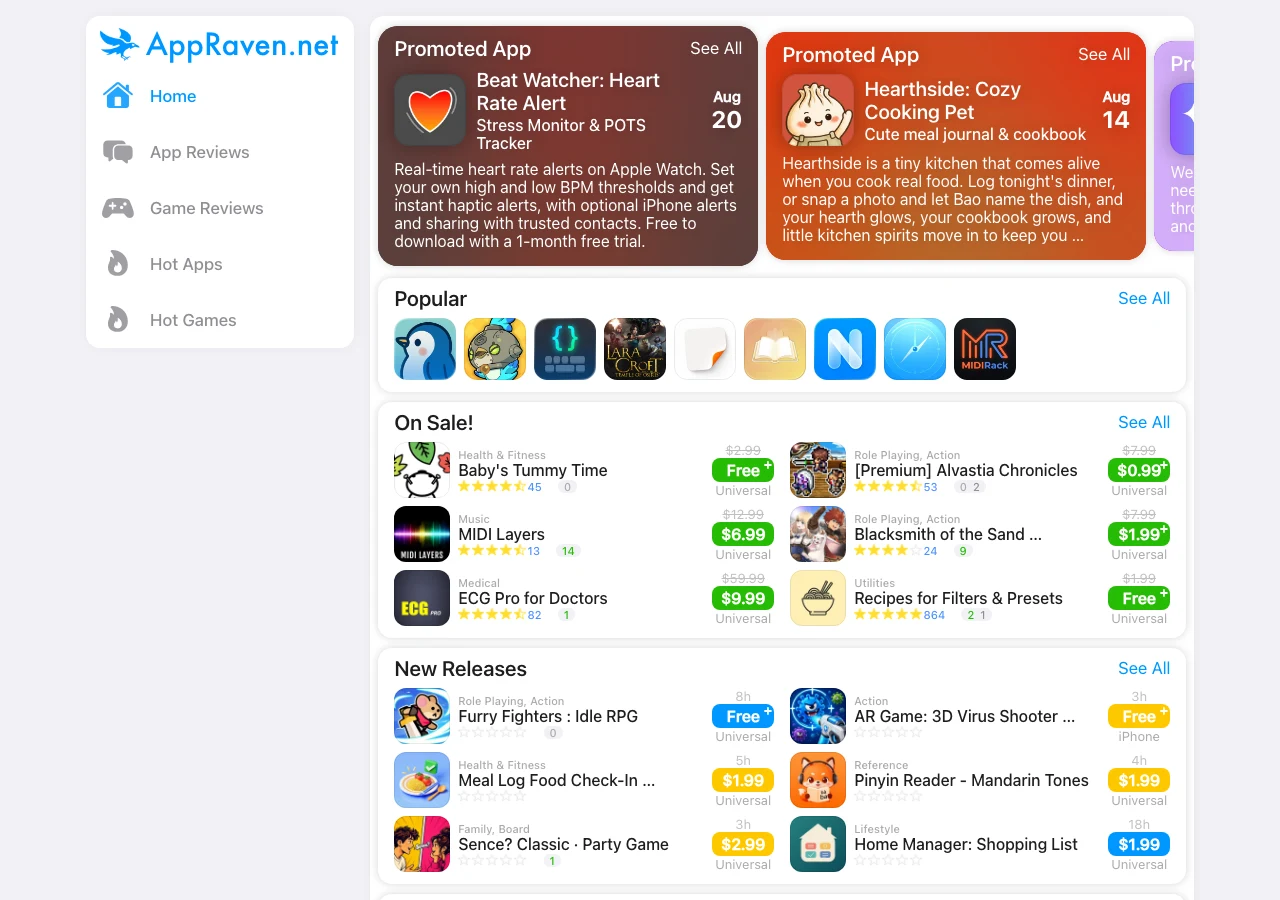 AppRaven 官網首頁，提供每日降價 App 清單與社群清單瀏覽