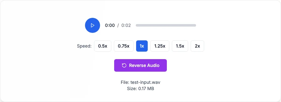 Audio Reverser 免費音訊反轉工具實測,下載結果與原檔相同 2 Audio Reverser 工具上傳測試音檔後的介面,顯示播放器、六段速度選項與 Reverse Audio 按鈕