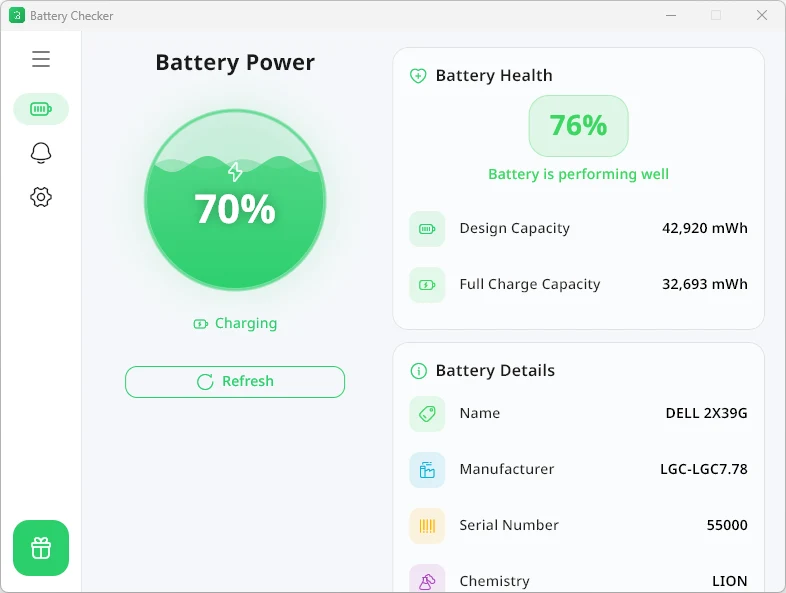 Battery Health Checker:把 powercfg 電池報告包成圖形介面的開源 Windows 工具 2 Battery Health Checker 官方主介面,顯示電池健康度百分比、設計容量與滿充容量比較、即時電量與充電狀態