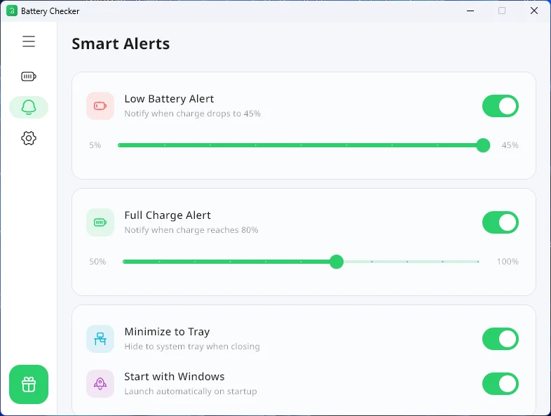 Battery Health Checker:把 powercfg 電池報告包成圖形介面的開源 Windows 工具 3 Battery Health Checker 設定與智慧提醒介面,可配置低電量與高電量的通知門檻、系統匣常駐與開機自動啟動選項