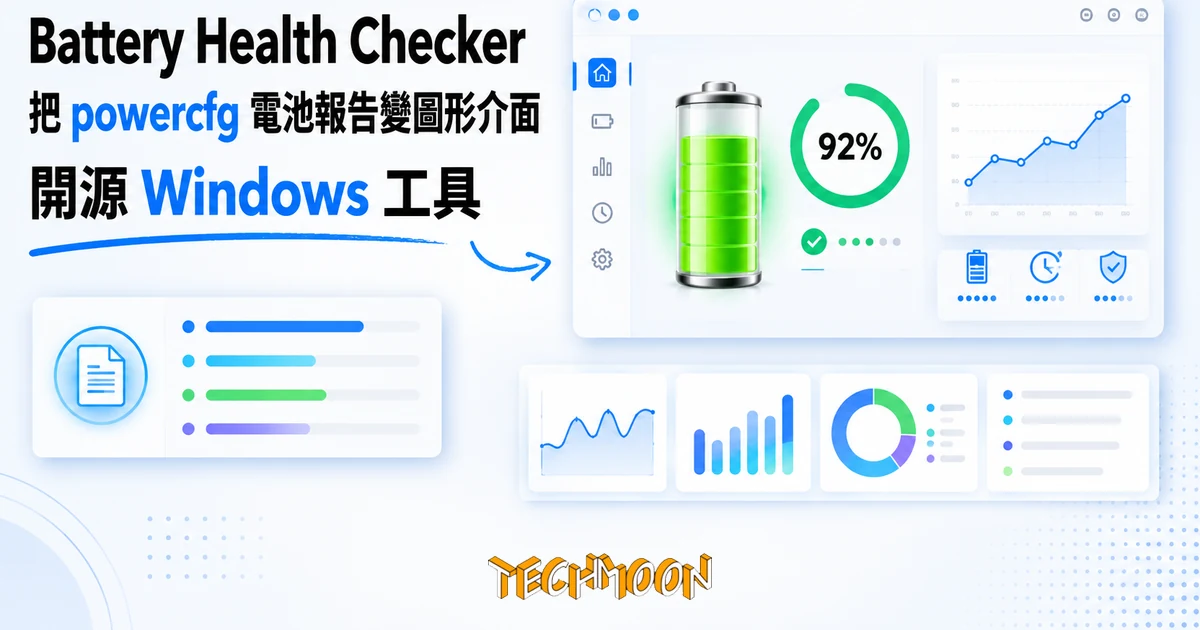 Battery Health Checker:把 powercfg 電池報告包成圖形介面的開源 Windows 工具 1 TechMoon 精選圖|Battery Health Checker Windows 電池健康檢測圖形介面工具,綠色電池圖示與健康度百分比
