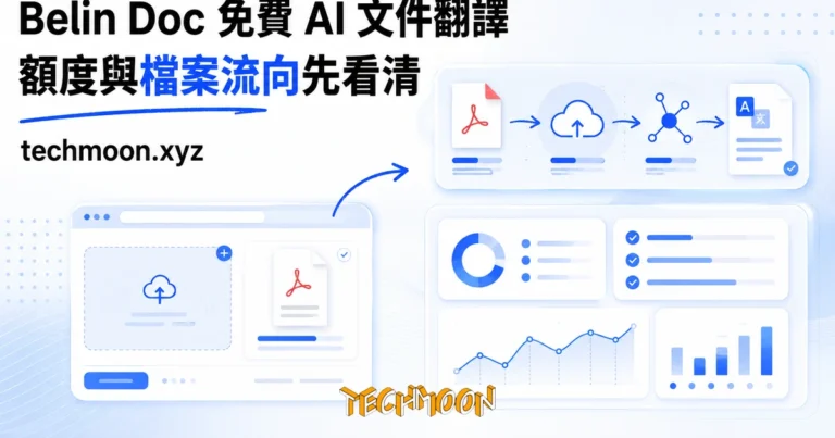 TechMoon 精選圖｜AI 文件翻譯工具的免費額度與檔案流向：PDF 文件從瀏覽器上傳到雲端儲存與翻譯模型的路徑