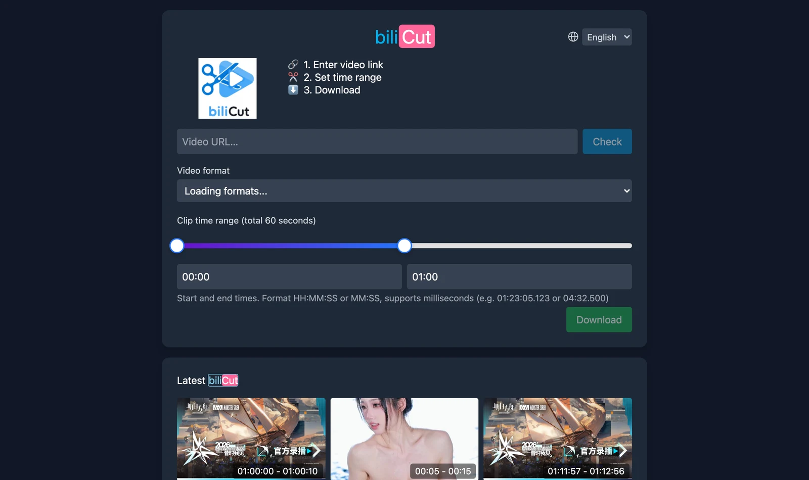 剪嗶 biliCut:貼 B 站連結就能剪出片段,免登入免下載整部片 2 TechMoon 內文截圖|剪嗶 biliCut 官網首頁的剪輯介面,包含輸入影片連結、設定時間範圍與下載三個步驟