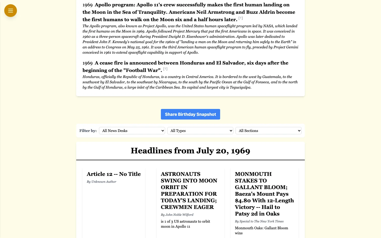 Birthday Headlines 頭版新聞卡片清單，第一張是無題文章，第二張是太空人進入月球軌道頭條
