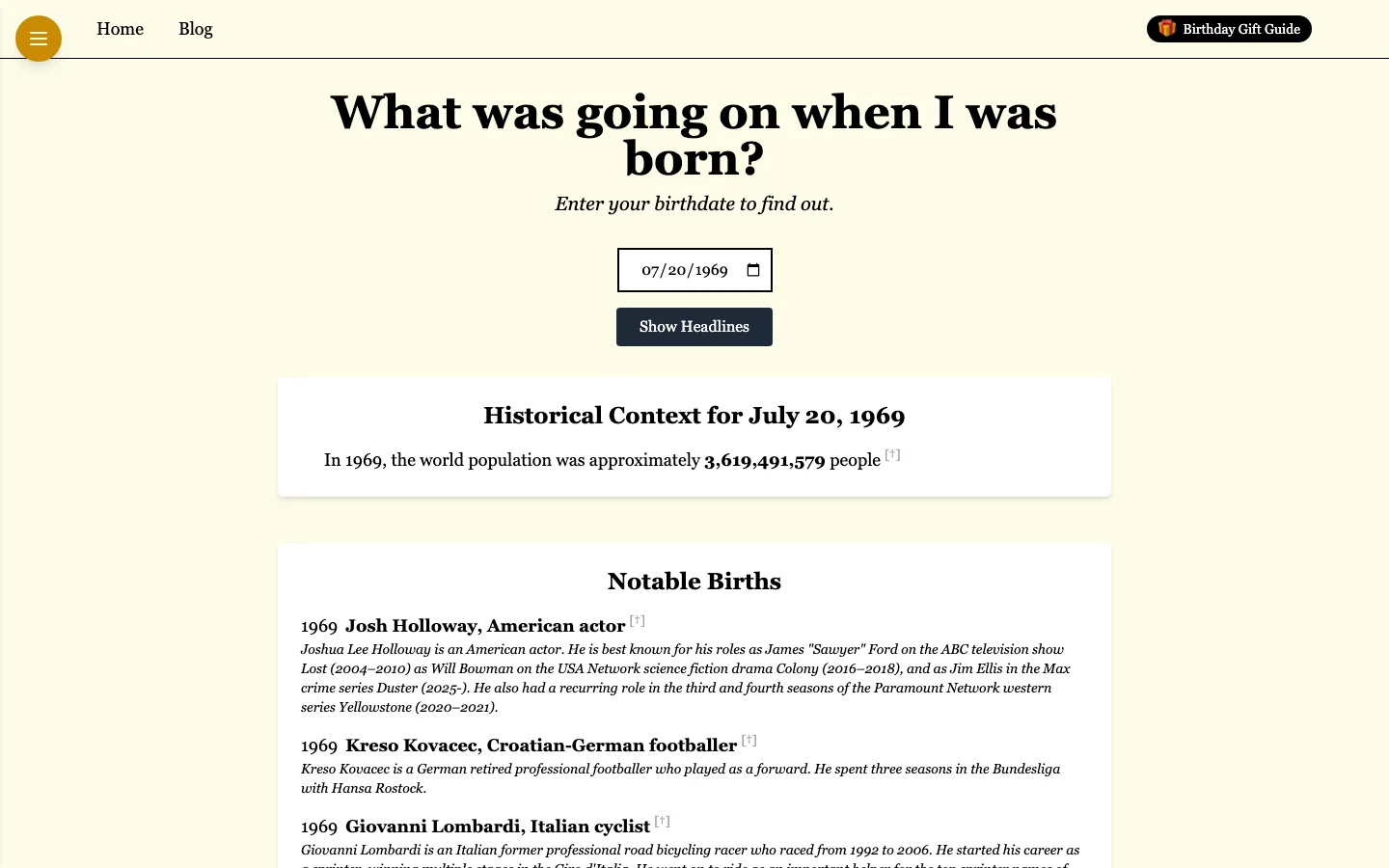 Birthday Headlines 查詢 1969 年 7 月 20 日的結果頁，顯示世界人口、名人出生與歷史事件面板