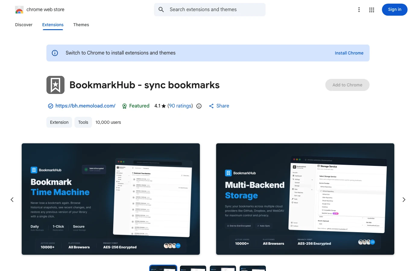 Chrome 線上應用程式商店的 BookmarkHub 頁面，網站連結指向 bh.memoload.com