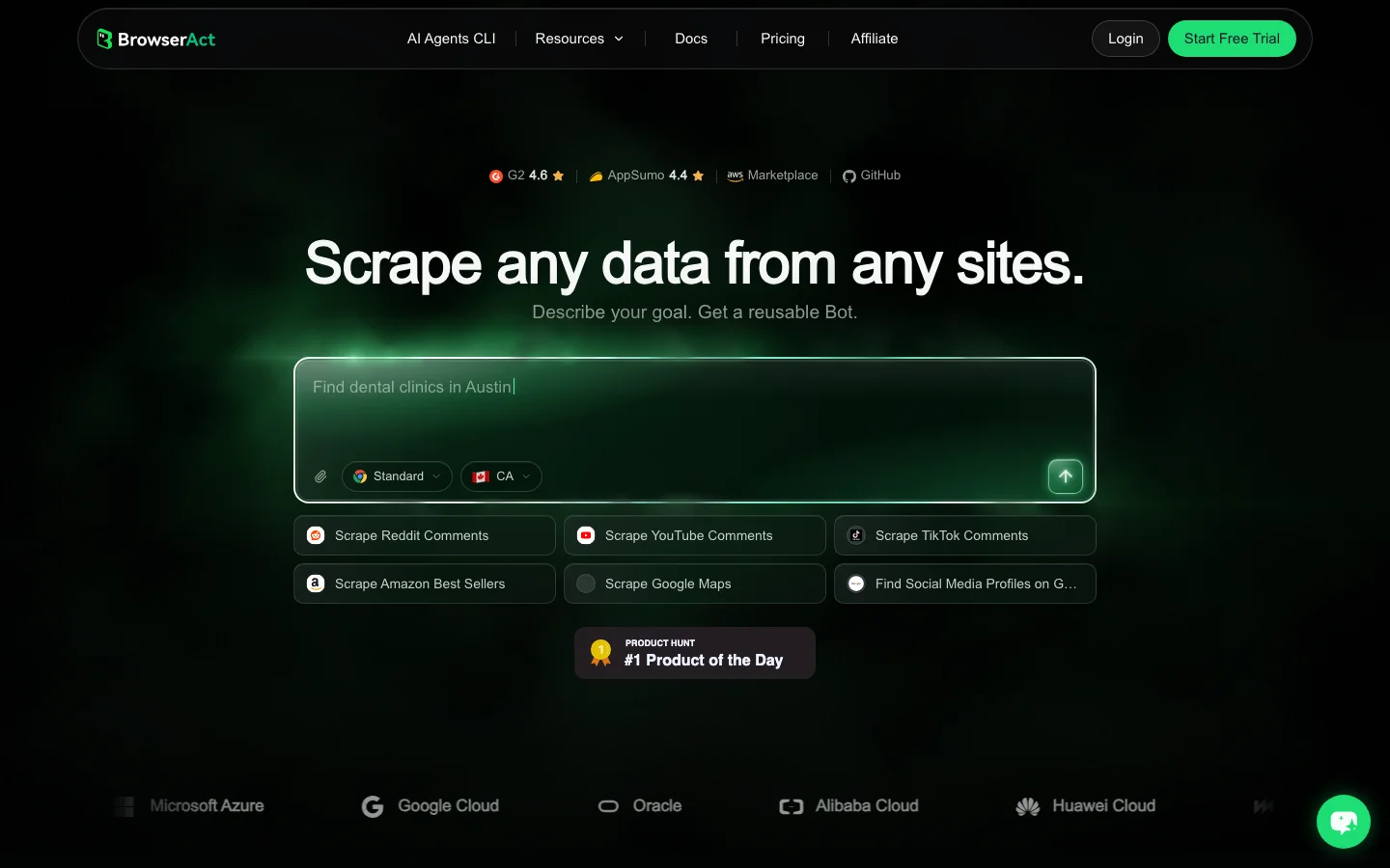 BrowserAct 官網首頁的輸入介面，深色頁面上寫著 Scrape any data from any sites，輸入框與建議指令按鈕