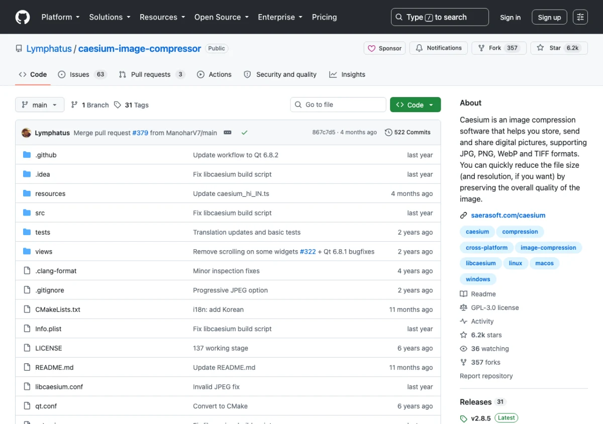 Caesium Image Compressor:開源圖片壓縮工具,照片留在本機壓縮的 TinyPNG 替代方案 3 Caesium Image Compressor 的 GitHub 原始碼庫頁面,顯示六千餘顆星與 GPL-3.0 授權標示