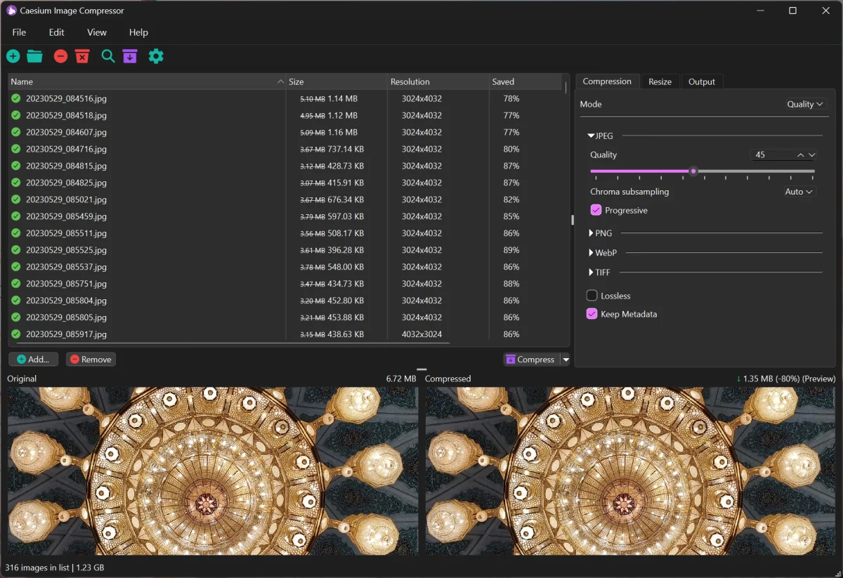 Caesium Image Compressor:開源圖片壓縮工具,照片留在本機壓縮的 TinyPNG 替代方案 2 Caesium Image Compressor v2.8.5 桌面版官方介面,左側為檔案清單,右側為壓縮參數與即時預覽
