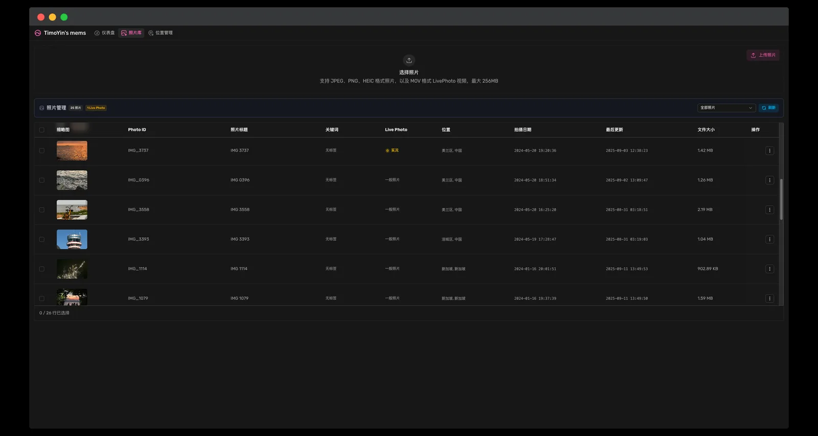 ChronoFrame 管理儀表板的照片管理清單畫面