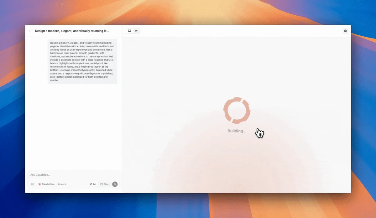 Claudable:開源 AI 網頁應用產生器,用你的 Claude Code 與 Codex 在本機生成 Next.js 專案 2 Claudable 搭配 Claude Code 生成應用的官方示範,左側對話窗描述需求,右側即時預覽生成的 Next.js 介面