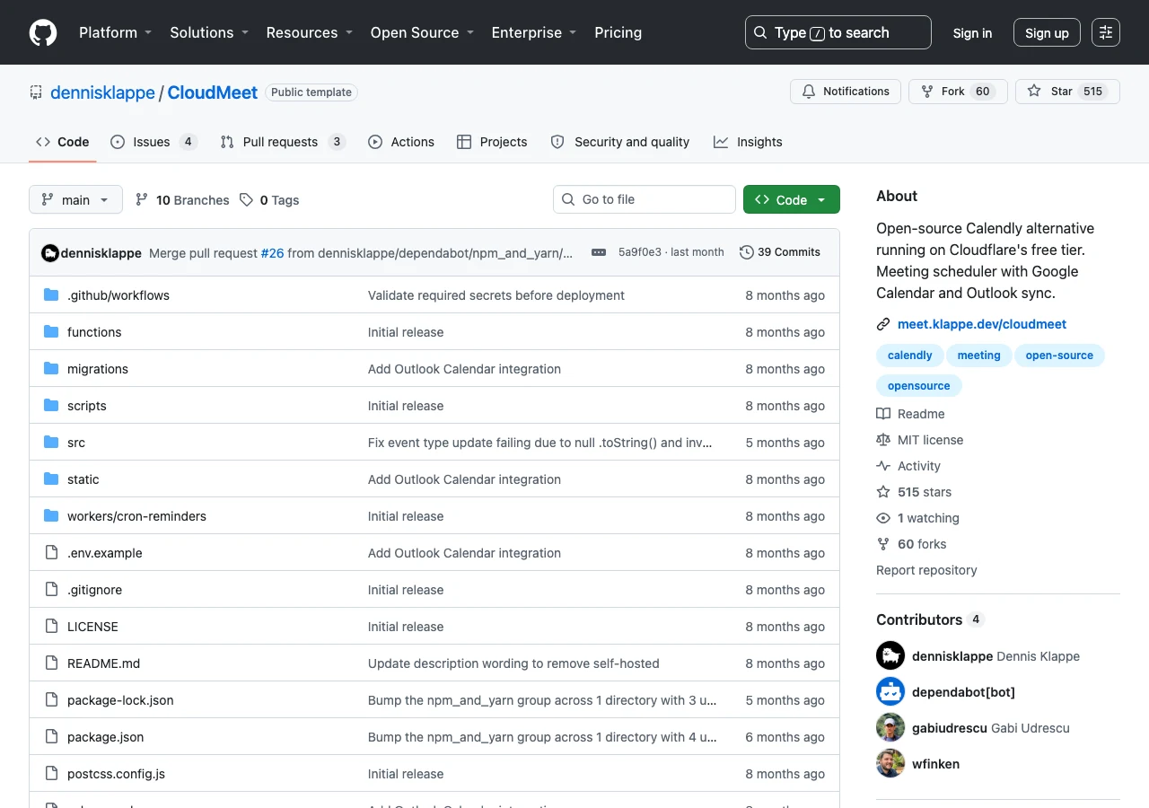 CloudMeet GitHub 專案頁面，顯示星數、fork 數與最近提交紀錄