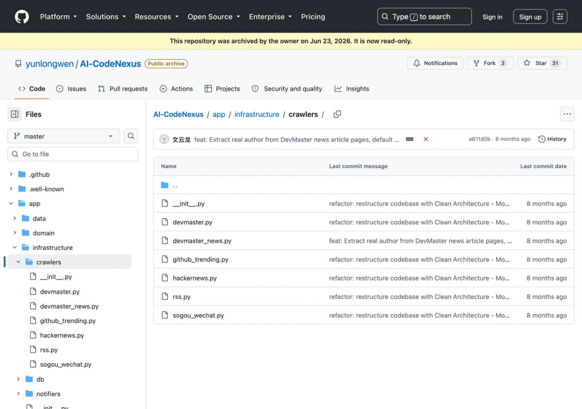 AI-CodeNexus:把微信公眾號與 GitHub Trending 收進一個可自架的開發者資訊聚合站 2 AI-CodeNexus 倉庫的 crawlers 目錄,列出五個抓取來源模組