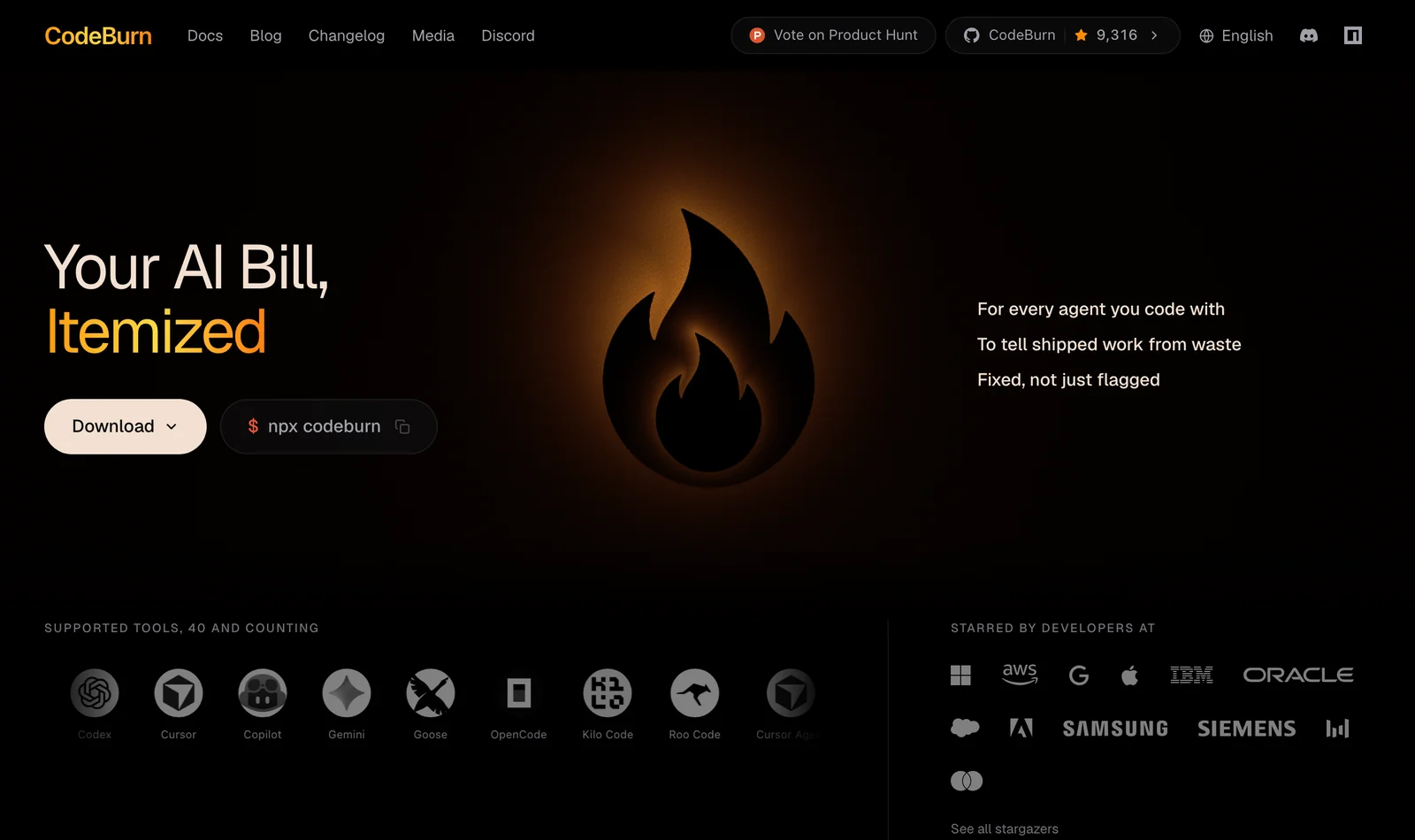 CodeBurn 官網首頁，Your AI Bill, Itemized 標語與各 AI 編程工具標誌
