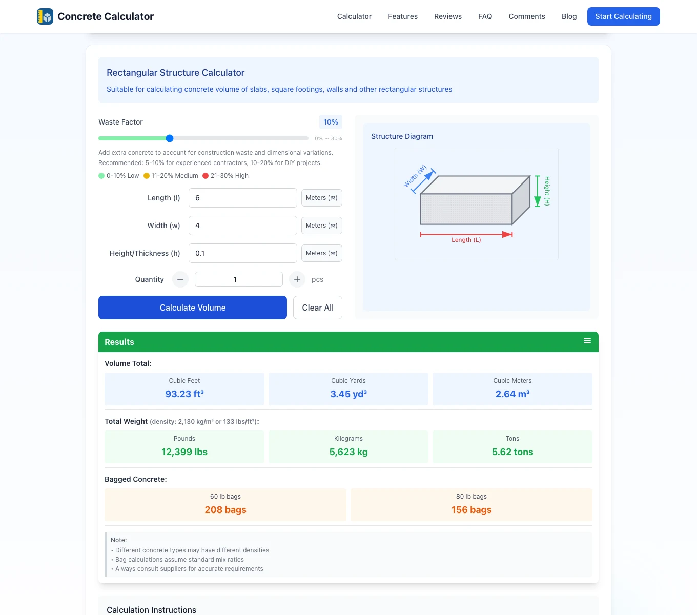 混凝土計算器 Concrete Calculator 實測,澆築前把用量估齊 3 Concrete Calculator 的計算結果卡,列出 2.64 立方公尺、5,623 公斤與 156 包 80 磅袋裝