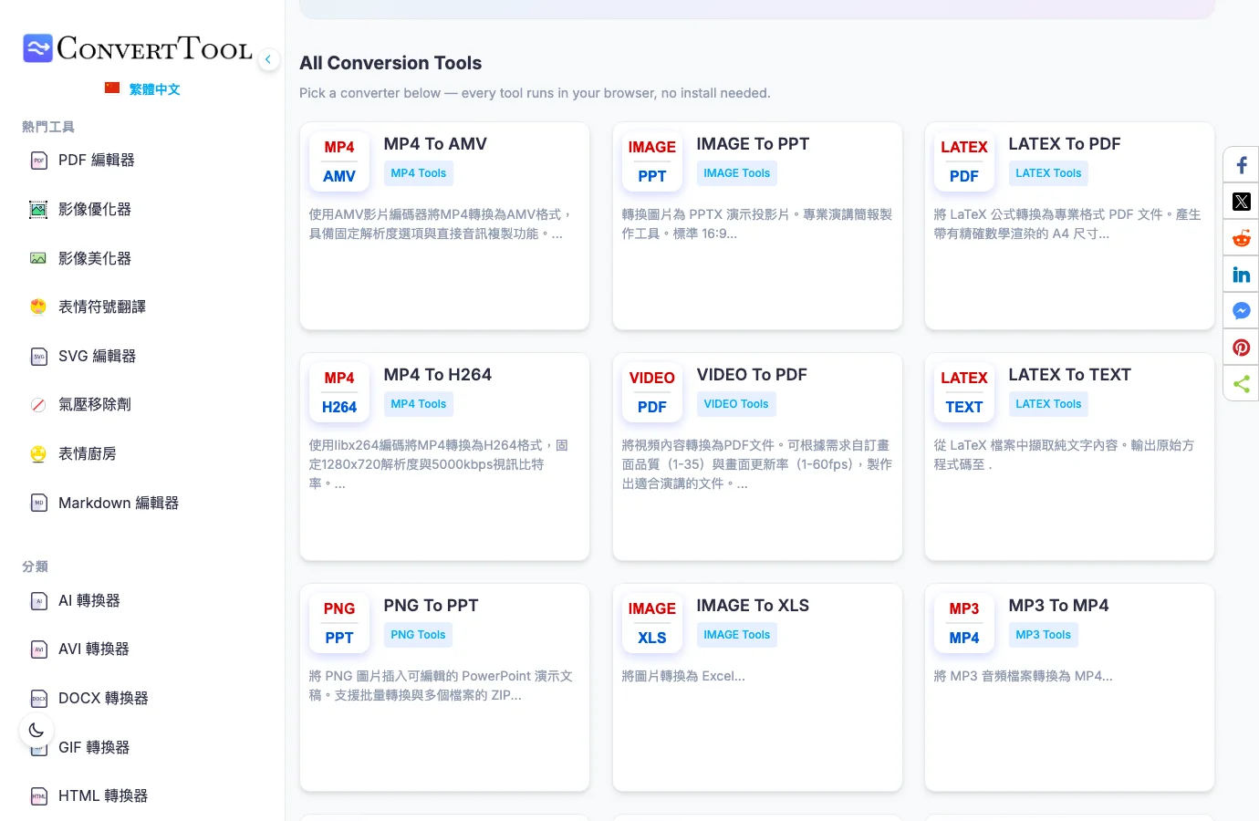 ConvertTool 繁體中文首頁，左側為熱門工具與格式分類選單，主標題免費線上檔案轉換器