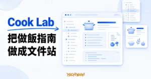 TechMoon 精選圖｜Cook Lab 將 Markdown 做飯指南整理成 Docusaurus 靜態文件站，以文件樹、食譜文件卡與抽象文件站介面呈現。