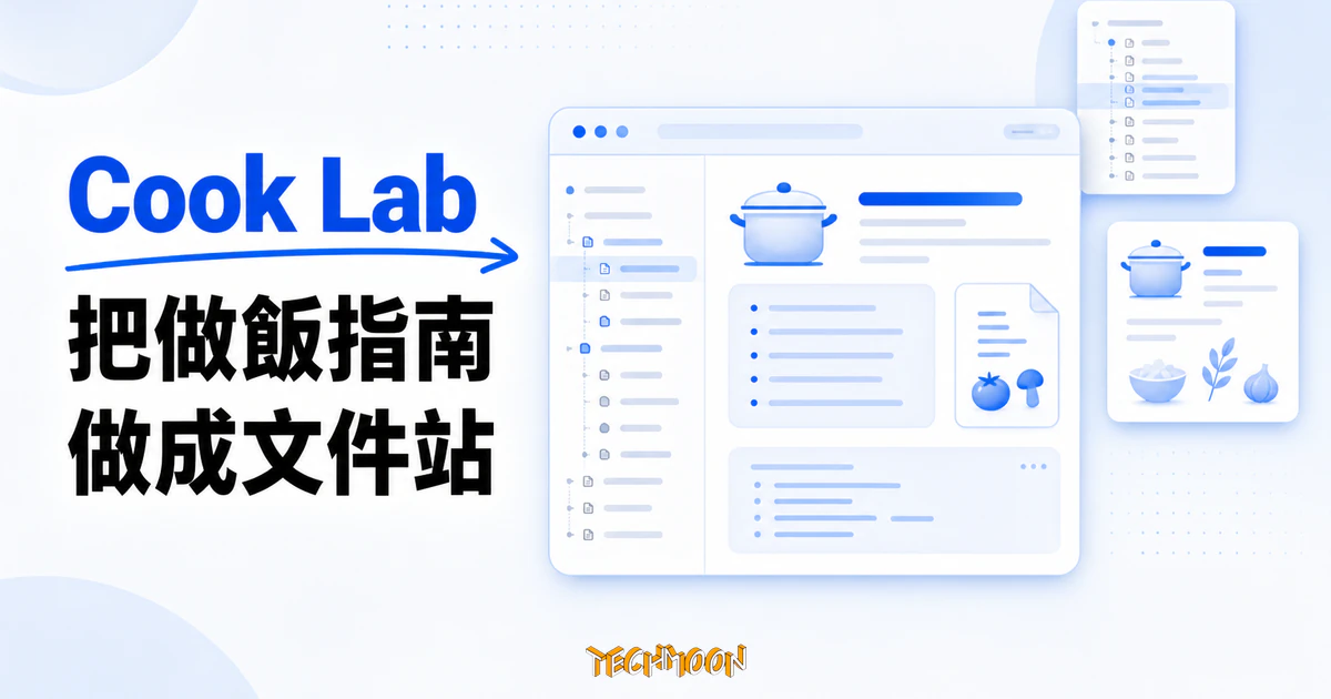 TechMoon 精選圖｜Cook Lab 將 Markdown 做飯指南整理成 Docusaurus 靜態文件站，以文件樹、食譜文件卡與抽象文件站介面呈現。