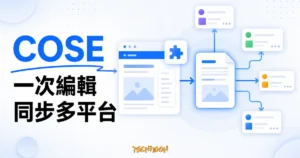 TechMoon 精選圖｜COSE Chrome 擴充讓文章一次編輯後同步到多個內容平台，以瀏覽器編輯器、文件節點與多平台發佈卡呈現。