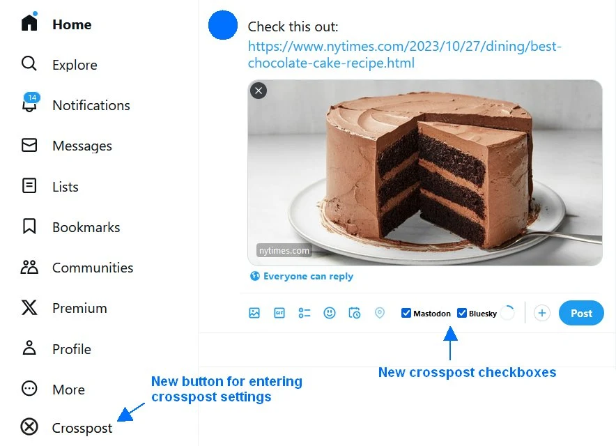twitter-to-bsky:把 X 貼文同步到 Bluesky 與 Mastodon 的瀏覽器 userscript 3 twitter-to-bsky 在 X 網頁介面加入的交叉發文按鈕與 Mastodon、Bluesky 勾選框(官方截圖)