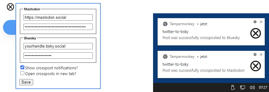 twitter-to-bsky:把 X 貼文同步到 Bluesky 與 Mastodon 的瀏覽器 userscript 2 twitter-to-bsky 的設定視窗,填入 Mastodon 實例網址、Access Token 與 Bluesky Handle、App Password 的欄位(官方截圖)