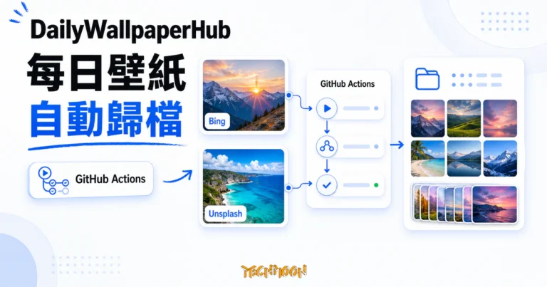 TechMoon 精選圖｜DailyWallpaperHub 透過 GitHub Actions 自動收集 Bing 與 Unsplash 每日壁紙，再依日期存入 GitHub 歸檔庫。