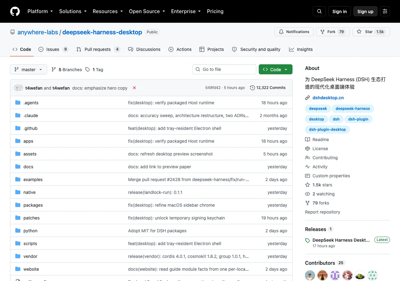 把 DeepSeek Harness 收進桌面:免裝 Node.js 的 Agent 外殼 3 anywhere-labs deepseek-harness-desktop 的 GitHub 專案頁截圖,顯示 MIT 授權與 1.5k 星數