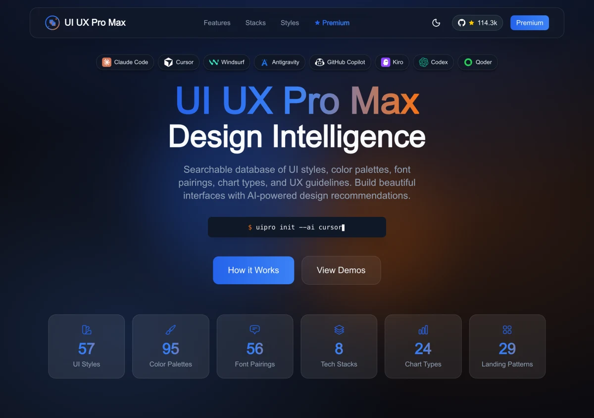 UI UX Pro Max 是什麼:裝進 Claude Code 與 Cursor 的 AI 介面設計技能 3 UI UX Pro Max 官方 demo 站 uupm.cc 的設計系統展示頁面
