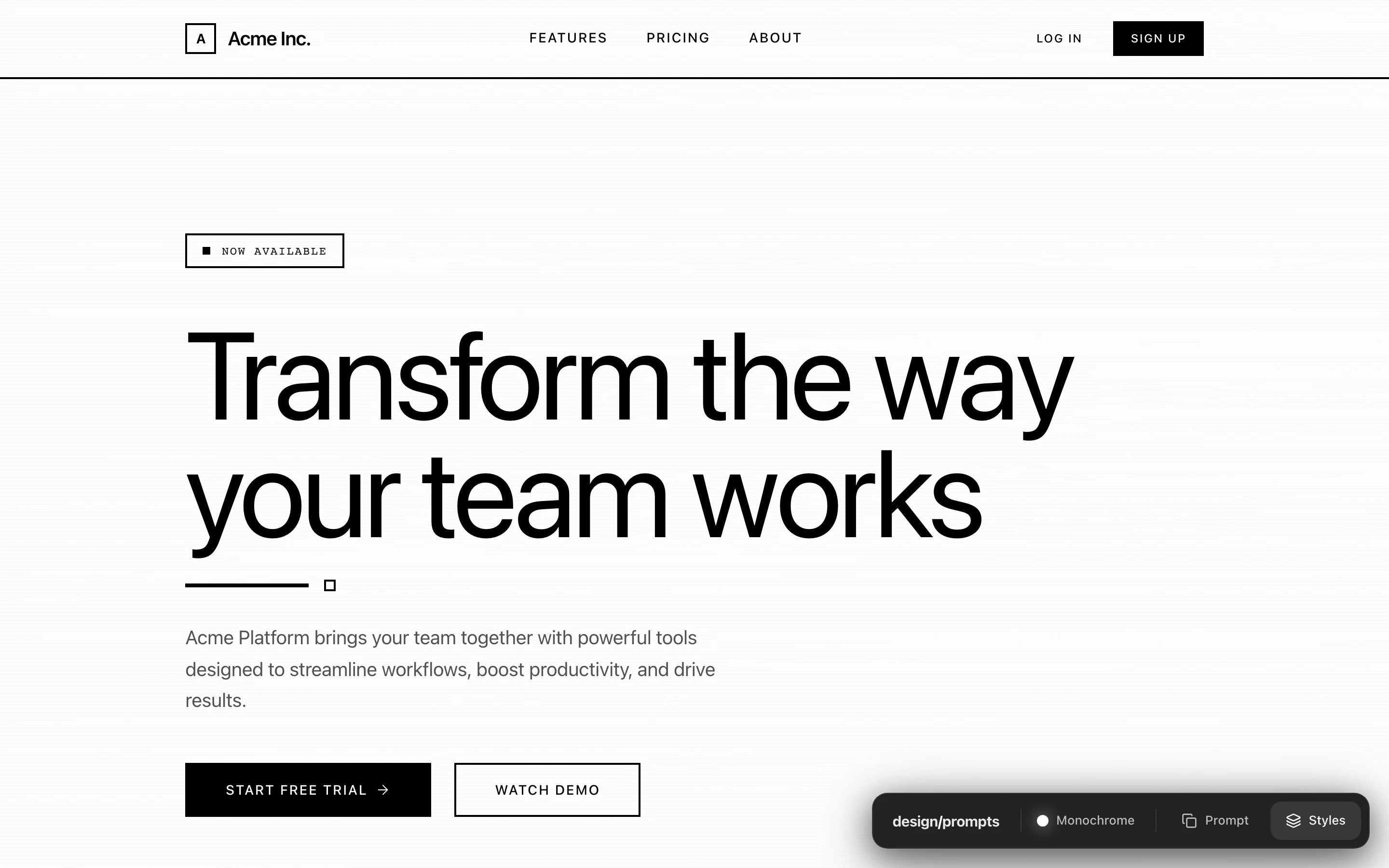 Design Prompts 的 Monochrome 風格示範頁，同一份 Acme Platform SaaS 內容用純黑白與襯線字型渲染成完整落地頁