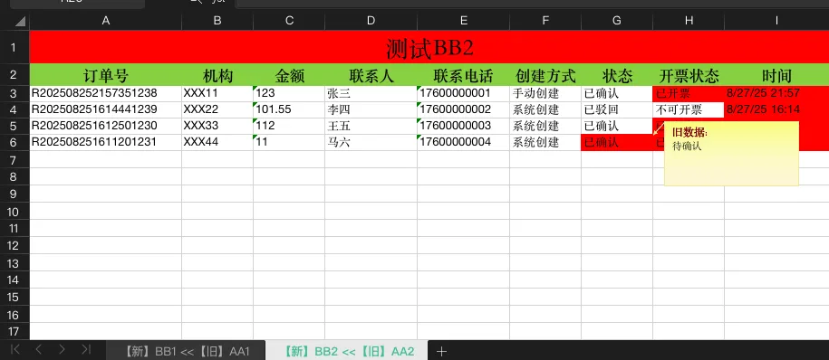 Diff Excel 官方示範截圖：比對執行時的紀錄視窗，逐行列出差異儲存格的位置與新舊值，結尾顯示差異總數