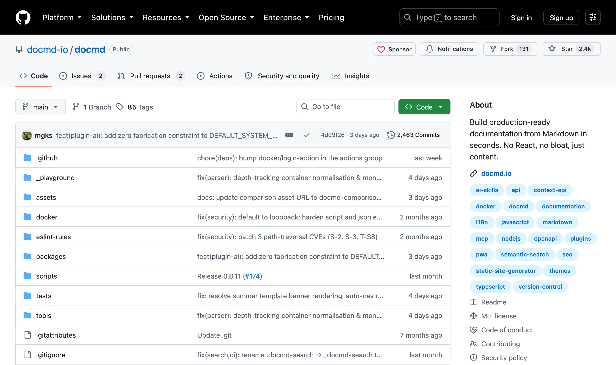 docmd 實測:一行指令把 Markdown 資料夾變成文件網站 3 docmd 的 GitHub 儲存庫頁面,顯示專案描述、星數與 MIT 授權標章