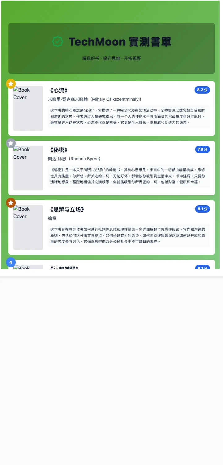 書單配置工具產生的書單卡頂部，漸層背景上列出書名、作者、星級評分與封面