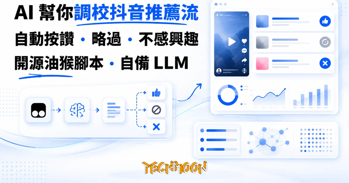 抖音推薦影響器:讓 AI 替你按讚與略過,自動調校推薦流 1 TechMoon 精選圖|開源油猴腳本用 AI 調校抖音推薦流:LLM 判讀影片標題作者標籤後,自動模擬按讚與略過把訊號餵給推薦系統