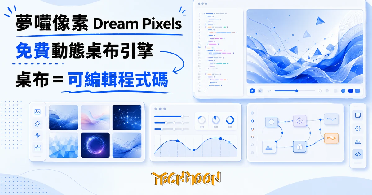 TechMoon 精選圖｜夢囈像素 Dream Pixels 免費 Windows 動態桌布引擎，把桌布變成可即時編輯的創作程式碼，p5.js 與 WebGL 生成藝術