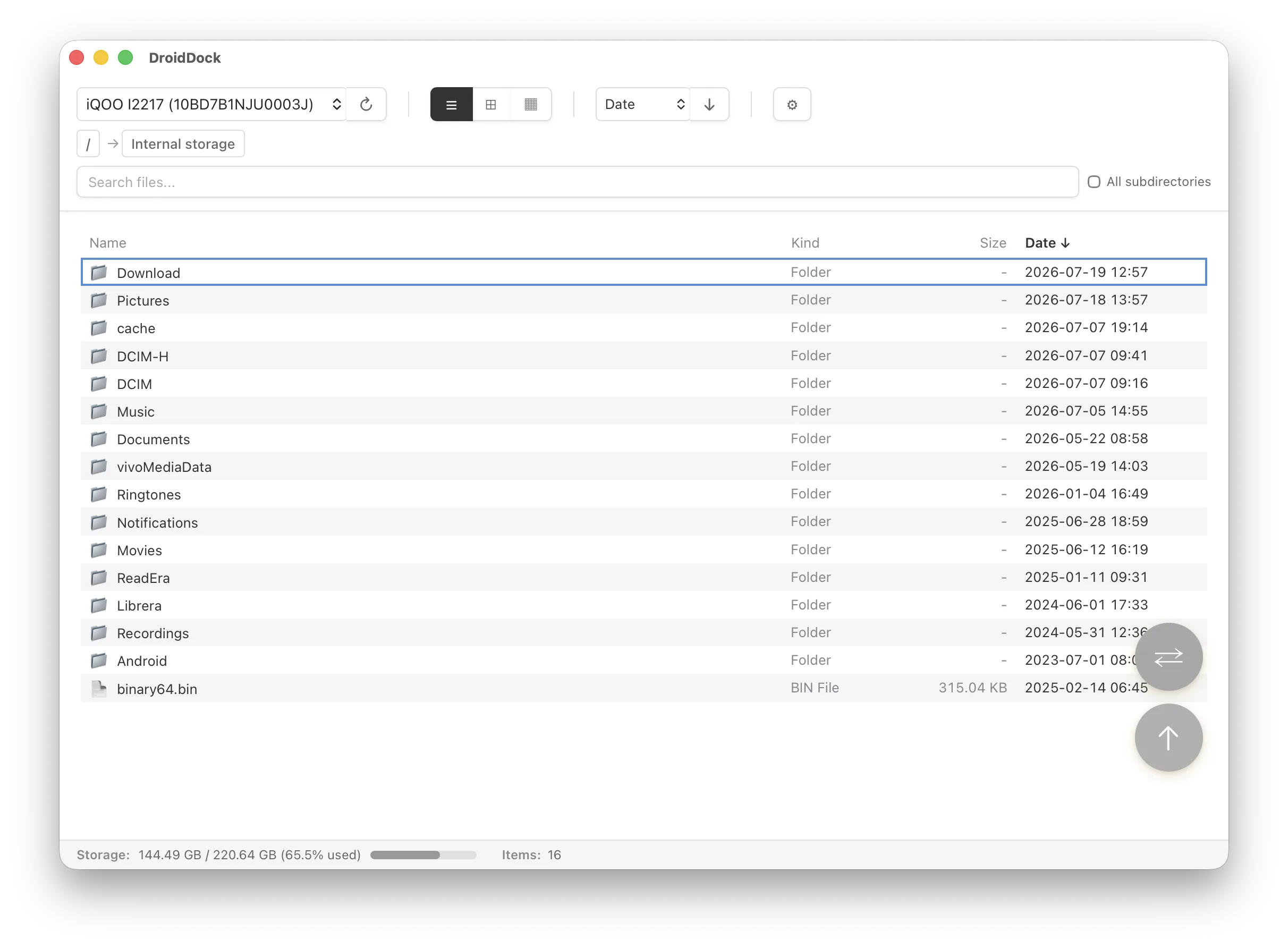DroidDock:把 ADB 包進 macOS 原生視窗,用桌面檔案總管讀寫 Android 裝置 2 DroidDock 清單檢視模式截圖,Android 手機檔案以列表方式呈現並搭配麵包屑導覽
