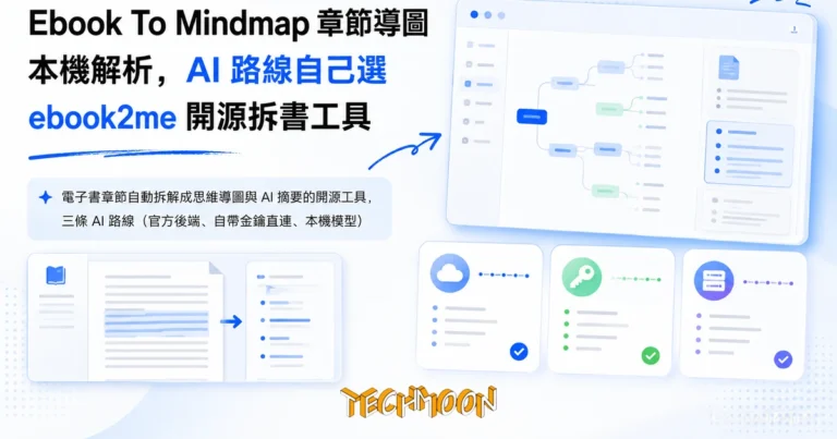 TechMoon 精選圖｜電子書章節自動拆解成思維導圖與 AI 摘要的開源工具，三條 AI 路線（官方後端、自帶金鑰直連、本機模型）