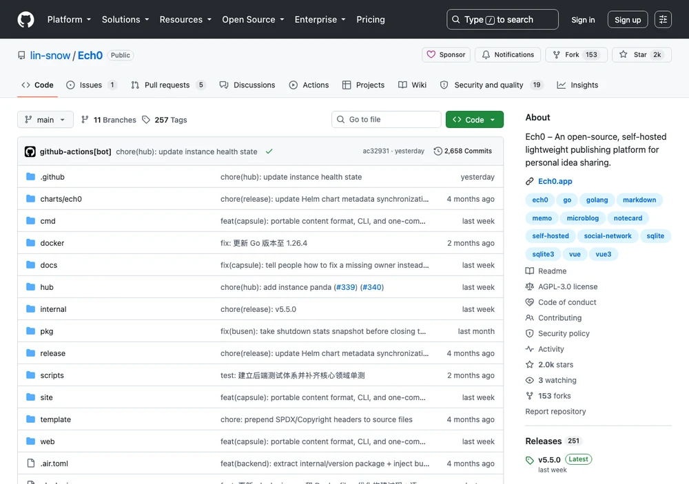Ech0 是什麼?把想法發布成一條自架時間軸的開源微網誌 3 Ech0 在 GitHub 的開源專案頁面,顯示 AGPL-3.0 授權與 Go 主要語言