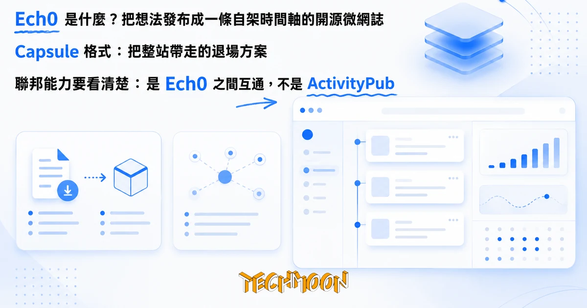 TechMoon 精選圖｜Ech0 自架個人發布時間軸，開源輕量微網誌平台，Markdown 寫作搭配 SQLite 單檔架構