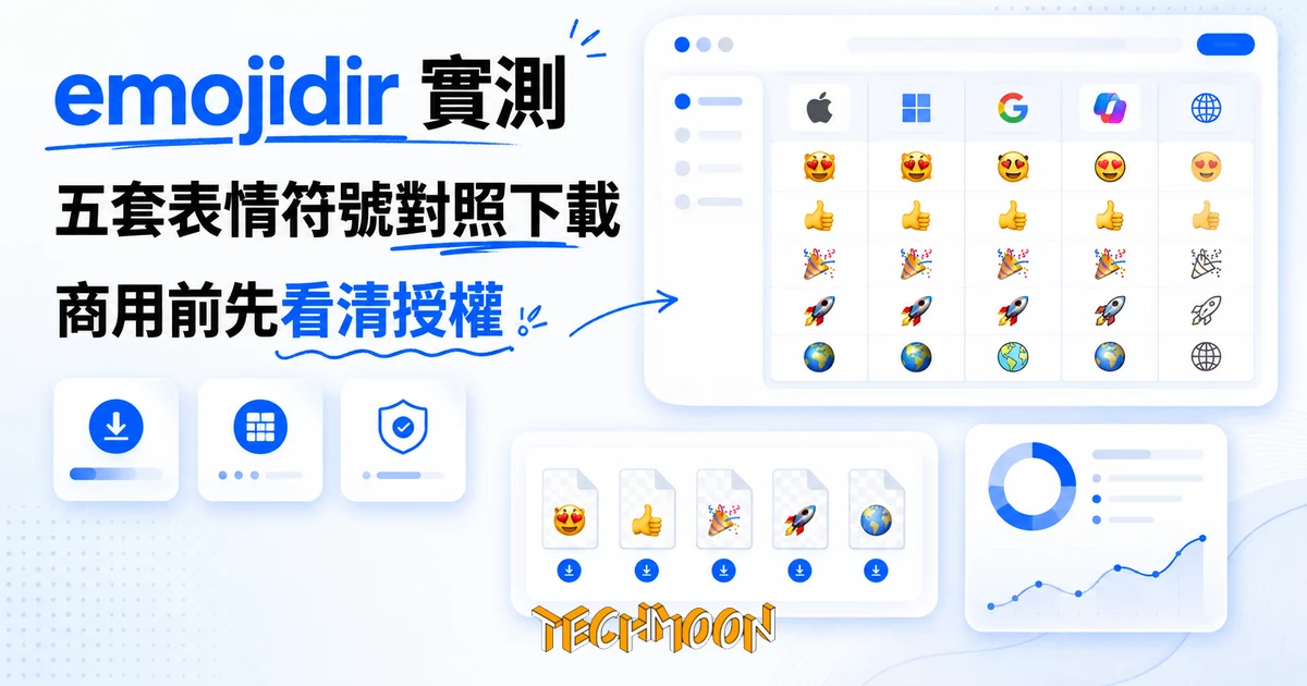 emojidir 實測:五套表情符號對照下載,商用前先看清授權 1 TechMoon 精選圖|emojidir 表情符號對照下載工具:Apple、微軟 Fluent、Google Noto 等五套 emoji 設計體系排列對照與 PNG 下載