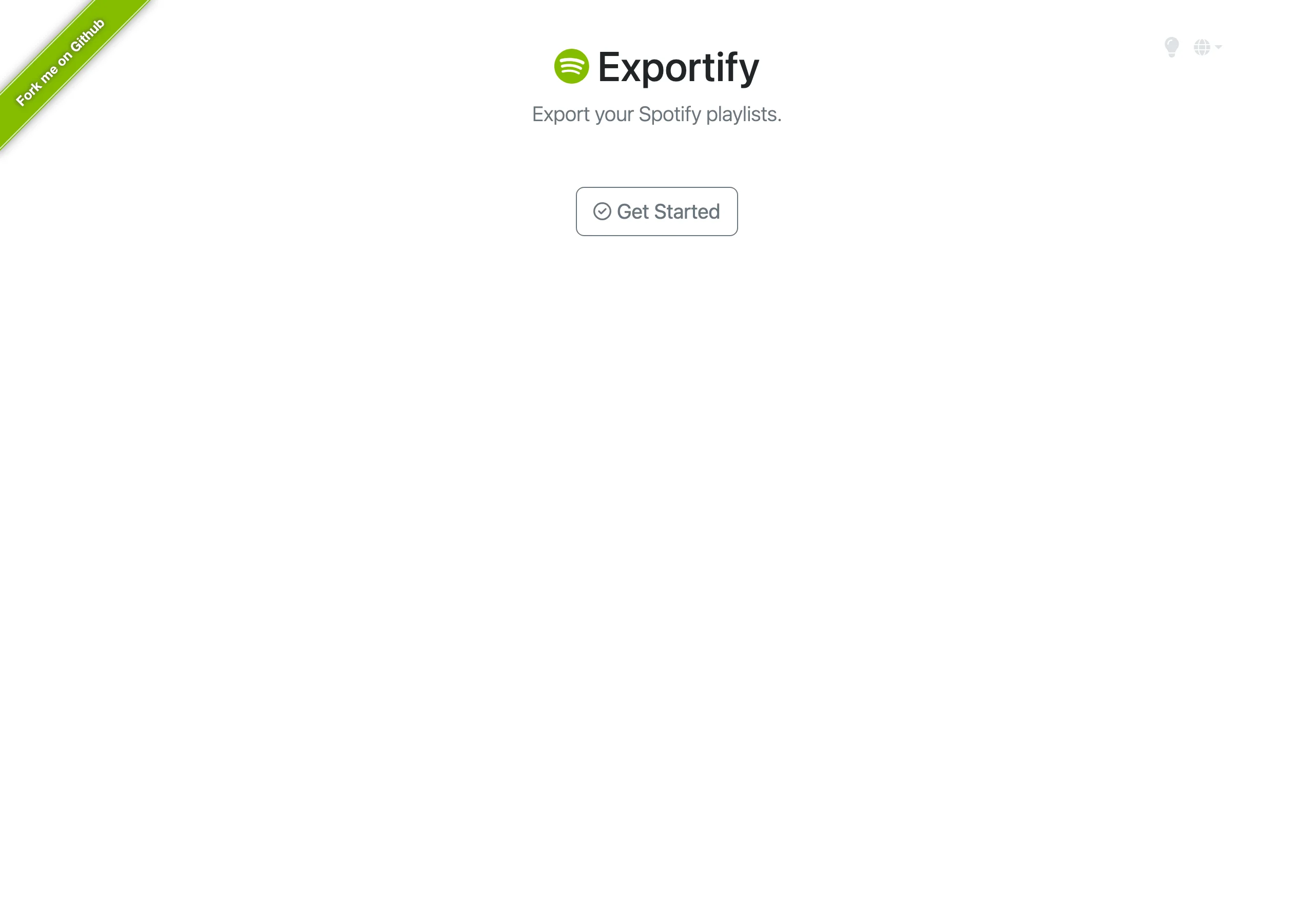 Exportify 官網首頁，標題寫著 Export Spotify playlists，並引用說明 No data will be saved 整個應用程式在瀏覽器執行，下方是 Get Started 按鈕與三步驟授權說明，右上角掛著 Fork me on Github 的緞帶