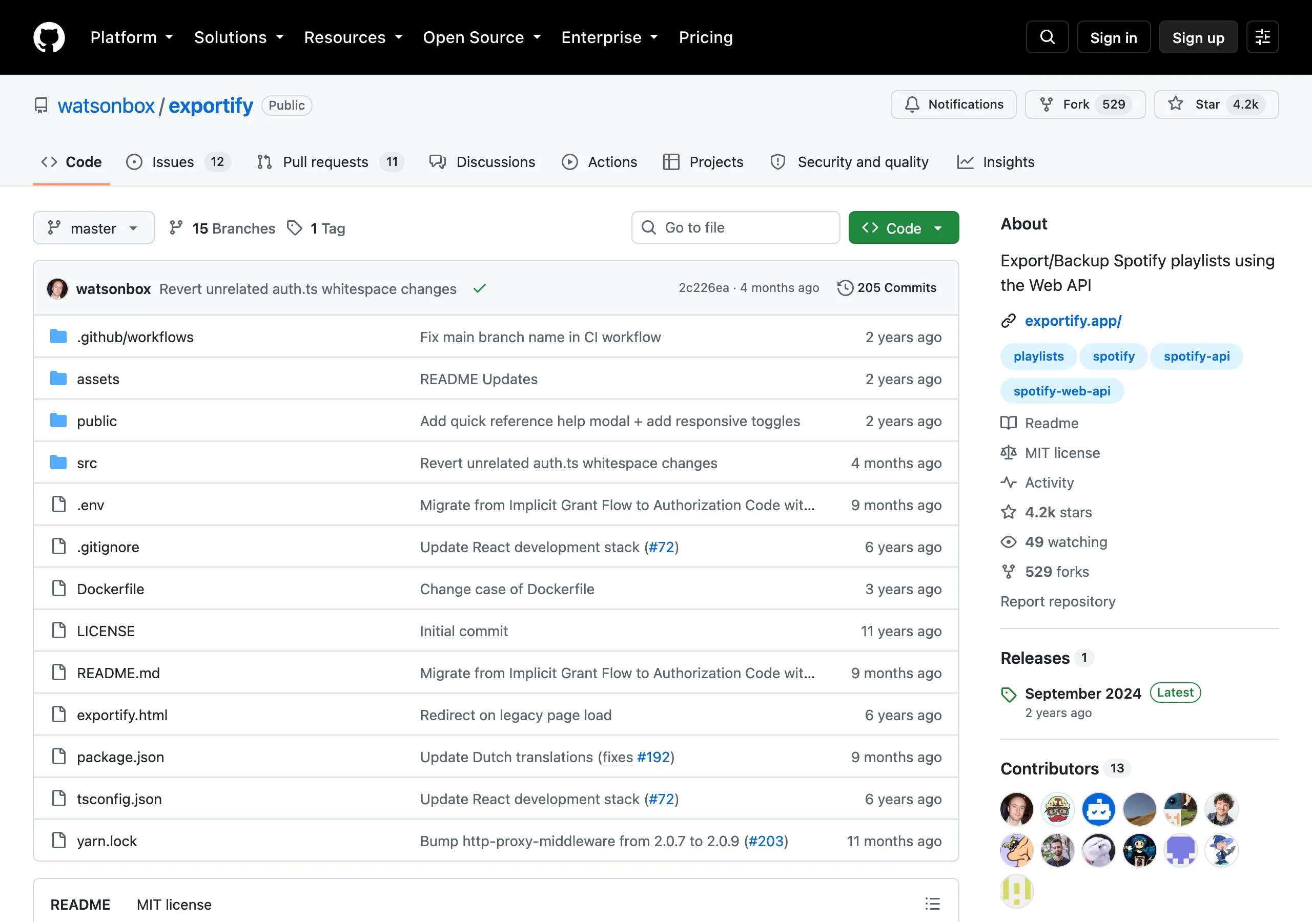 GitHub 上 watsonbox/exportify 儲存庫頁面，可見 4.2k 星數、529 個 fork、MIT 授權標章與 23 個開放 issue，最新提交停在 2026 年 4 月，簡介寫著 Export/Backup Spotify playlists using the Web API