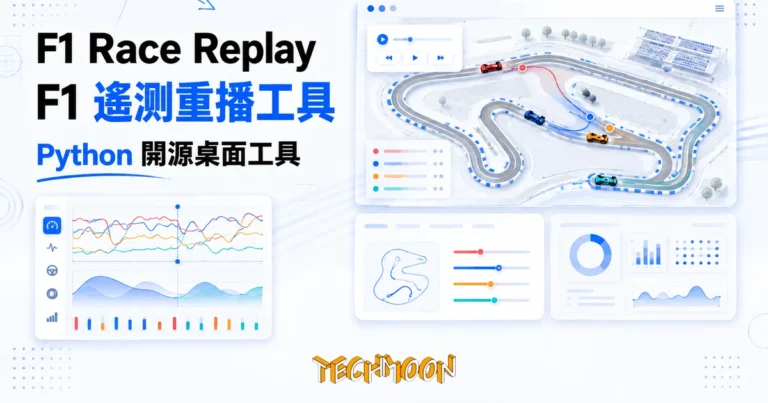 F1 Race Replay:用 Python 把 F1 遙測重播成互動賽道動畫的開源桌面工具 5 TechMoon 精選圖|F1 賽事遙測重播視覺化工具,俯視賽道與車手位置資料動畫,深色科技資料儀表板風格