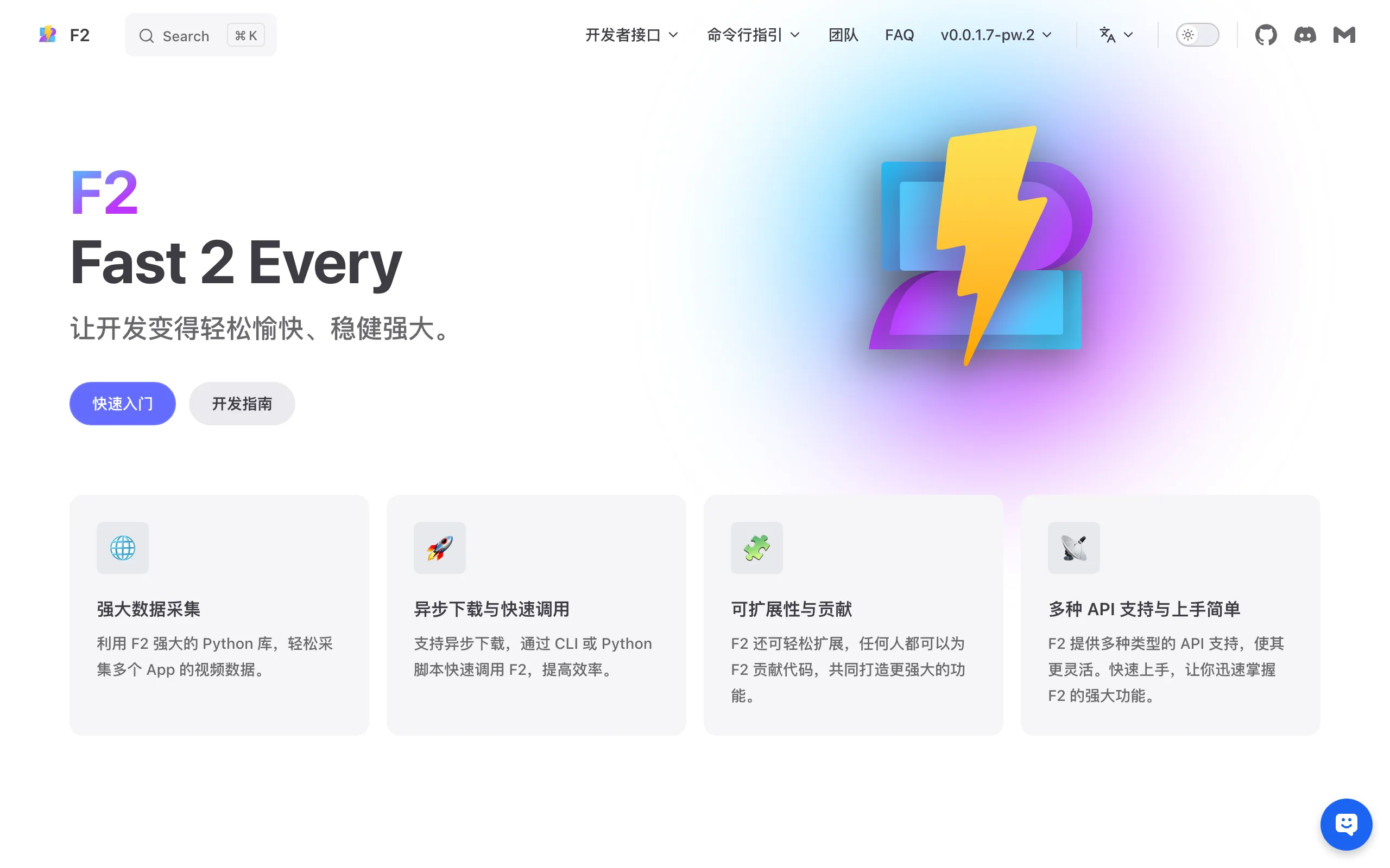 F2 官方文件 f2.wiki 首頁截圖，標題為基於非同步的全平台下載工具，下方列出免安裝、多平台、可擴展等功能卡片