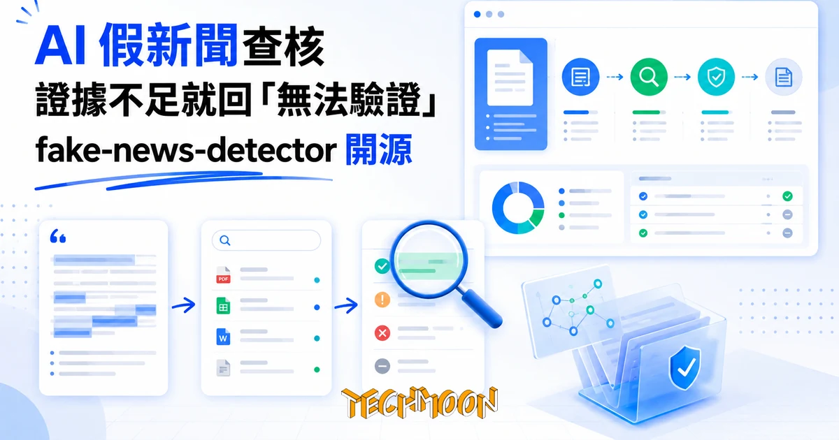 AI Fake News Detector 開源假新聞查核工具,證據不足就回無法驗證 1 TechMoon 精選圖|開源 AI 假新聞查核工具:從新聞文字拆出聲明、檢索證據文件、放大鏡逐項驗證真偽的藍綠科技感流程