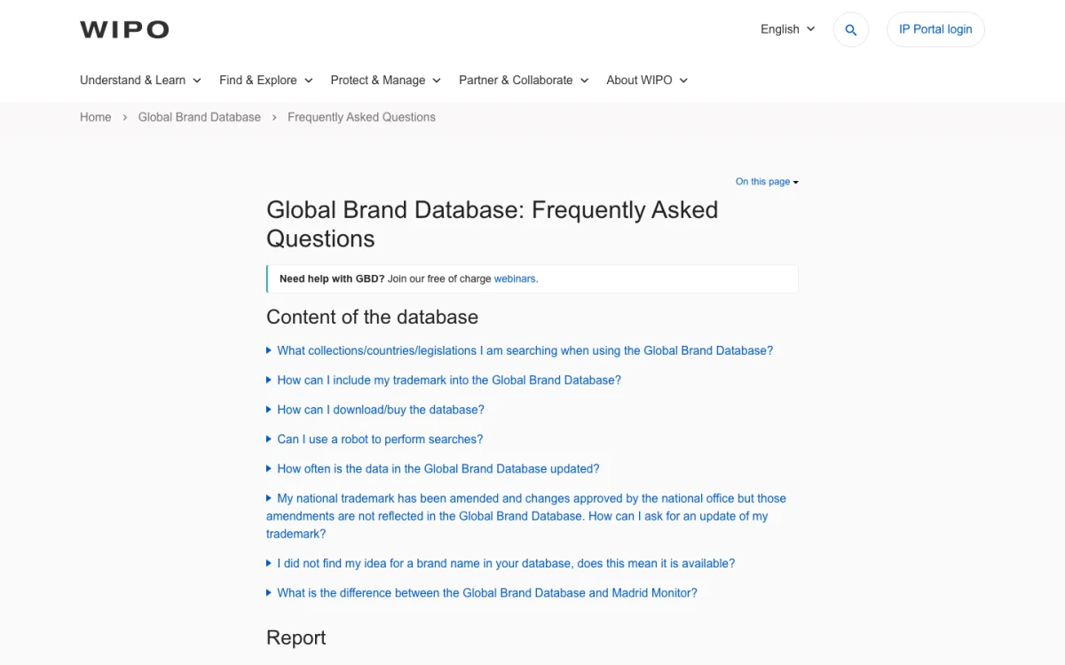 WIPO 全球品牌資料庫常見問答頁，說明資料自動上傳機制、每日更新、每份報告 180 筆下載上限與帳號儲存搜尋功能