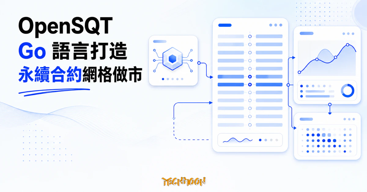 OpenSQT:原始碼公開的加密貨幣做市機器人,用 Go 跑永續合約單向做多網格 8 TechMoon 精選圖|OpenSQT 的亮白淡藍交易儀表板,呈現 Go 做市引擎、永續合約網格與抽象訂單流程。